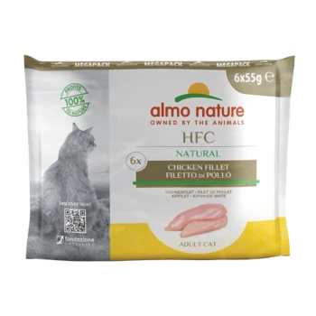 Almo Nature HFC Natur-Hühnchenfilet für erwachsene Katzen, 6 Packungen à 55 g, mit einer Katzen-Silhouette und einem grünen Etikett, das natürliche Zutaten anzeigt.