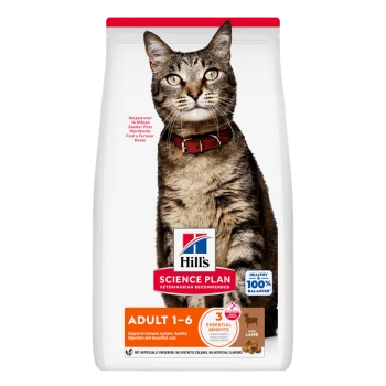 Hill's Science Plan Katzenfutterbeutel mit einer getigerten Katze mit rotem Halsband; Beschriftungen 'ADULT 1-6', '100% ausgewogen' und 'Hill's'.