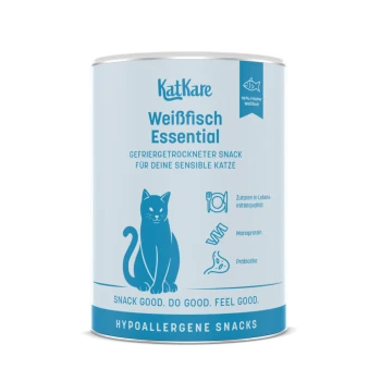 KatKare hellblaue Dose mit Aufschrift 'Weißfisch Essential', hypoallergene Snacks mit Katzensilhouette und dem Slogan 'Snack gut. Tu Gutes. Fühl dich gut.'