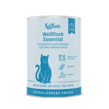 KatKare hellblaue Dose mit Aufschrift 'Weißfisch Essential', hypoallergene Snacks mit Katzensilhouette und dem Slogan 'Snack gut. Tu Gutes. Fühl dich gut.'