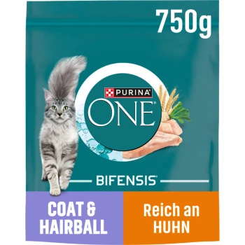 Torba z karmą Purina ONE Bifensis dla kotów, 750g, z puszystym szarym kotem, z tekstem podkreślającym "Futro i kulki włosowe" oraz "Bogaty w kurczaka."