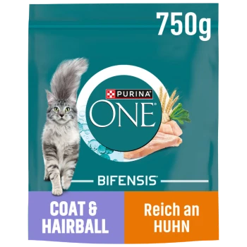 Purina ONE Bifensis Katzenfutterbeutel, 750g, mit einer flauschigen grauen Katze, mit Text, der "Fell & Haarball" und "Reich an Huhn" hervorhebt.