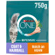 Purina ONE Bifensis Katzenfutterbeutel, 750g, mit einer flauschigen grauen Katze, mit Text, der "Fell & Haarball" und "Reich an Huhn" hervorhebt.