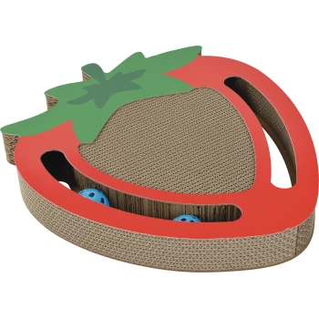 Strawberry-shaped corrugated cardboard cat scratcher with green leaf and two blue balls