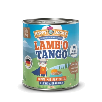 Dose mit Happy Jacky Hundefutter mit der Aufschrift "LAMB'O TANGO," mit einem Cartoon-Schaf in einem Umhang und Text, der Lamm, Kartoffeln, Kürbis und Kräuter auflistet.