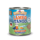 Dose mit Happy Jacky Hundefutter mit der Aufschrift "LAMB'O TANGO," mit einem Cartoon-Schaf in einem Umhang und Text, der Lamm, Kartoffeln, Kürbis und Kräuter auflistet.