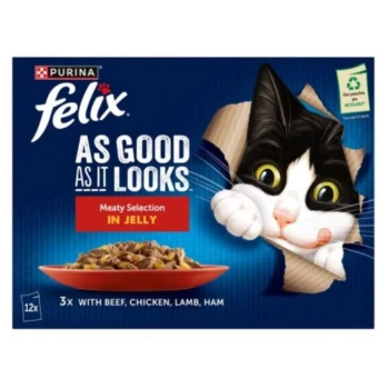 A playful black and white cat peeks through a torn box, promoting Purina Felix "As Good As It Looks" Meaty Selection in Jelly.