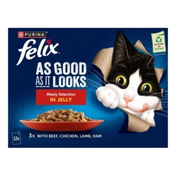 A playful black and white cat peeks through a torn box, promoting Purina Felix "As Good As It Looks" Meaty Selection in Jelly.