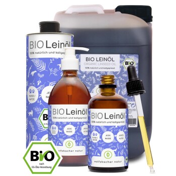 Bio-Leinölprodukte in verschiedenen Größen, beschriftet mit "BIO Leinsöl," mit Text auf Deutsch über natürliche Zutaten und Eignung für alle Haustiere.