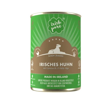 Freiland-Huhn (Senior) 390 g Dose Hundefutter mit der Aufschrift "Irish Pure Senior Sensitivity" mit Huhn, Gemüse und 2% Algen, hergestellt in Irland.