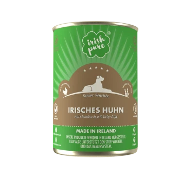 Dose Hundefutter mit der Aufschrift "Irish Pure Senior Sensitivity" mit Huhn, Gemüse und 2% Algen, hergestellt in Irland.