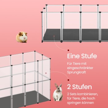 Haustiergehege mit zwei Designs: einstöckig für niedrig springende Haustiere und zweistöckig für aktive Haustiere, mit einem Meerschweinchen und einem Kaninchen.