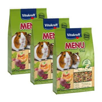 Drei Beutel Vitakraft MENU Vital Meerschweinchenfutter, die zwei Meerschweinchen und den Text "Für ein vitales Leben" und "+Vita Kräuter" zeigen.