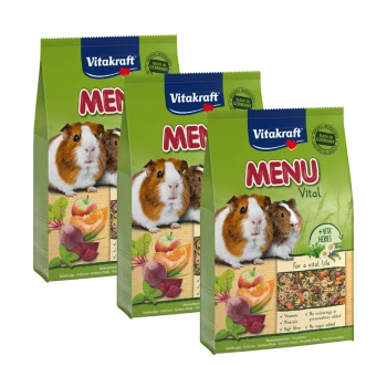 Drei Beutel Vitakraft MENU Vital Meerschweinchenfutter, die zwei Meerschweinchen und den Text "Für ein vitales Leben" und "+Vita Kräuter" zeigen.