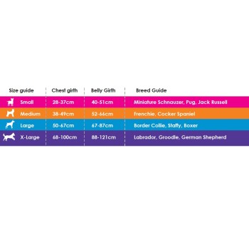 Größentabelle für Hunde mit Brust- und Bauchumfangmessungen, einschließlich Rassenvorschlägen für jede Größenkategorie.