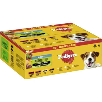 Pedigree 80 Giant Pack Hundefutterbox mit einem lächelnden Hund, beschriftet mit "ADULT" und Zutaten aus Gemüse und Superfoods.