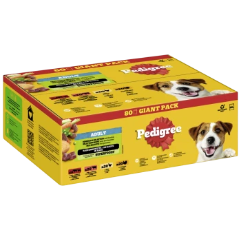 Pedigree 80 Giant Pack Hundefutterbox mit einem lächelnden Hund, beschriftet mit "ADULT" und Zutaten aus Gemüse und Superfoods.