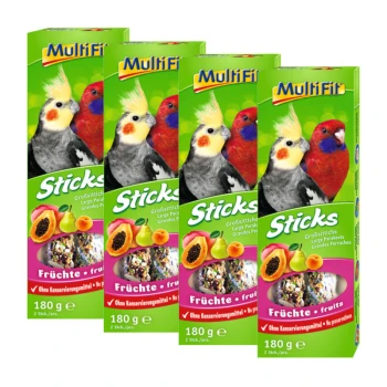 Four boxes of MultiFit bird treats for large parakeets, featuring fruit illustrations, a cockatiel, and a red parrot. Each box has 180g.