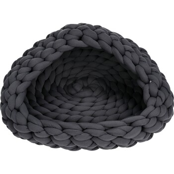 Ein gemütliches, rundes schwarzes Haustierbett aus geflochtenem Stoff, mit einem weichen, plüschigen Innenraum für Komfort.