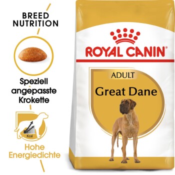 Royal Canin Adult Great Dane Hundefutterbeutel mit einer Great Dane Silhouette, Kibble-Bild und Text zur rassespezifischen Ernährung.
