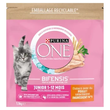 Sac de nourriture pour chats Purina ONE avec un chaton gris, fond rose, et un texte mettant en avant la formule Bifensis pour les chatons de 1 à 12 mois.