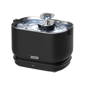 Schwarzer ZEDAR-Trinkbrunnen für Haustiere mit Edelstahl-Auslauf, der Wasser gießt, rechteckiger Schale und WLAN-Symbol an der Basis