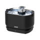 Schwarzer ZEDAR-Trinkbrunnen für Haustiere mit Edelstahl-Auslauf, der Wasser gießt, rechteckiger Schale und WLAN-Symbol an der Basis