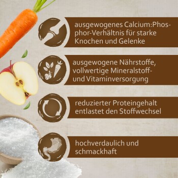 Bild zeigt eine Karotte und einen Apfel mit Text über die Vorteile von Haustierfutter: ausgewogenes Calcium-Phosphor-Verhältnis, vollständige Ernährung, wenig Protein, hohe Verdaulichkeit.