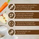 Bild zeigt eine Karotte und einen Apfel mit Text über die Vorteile von Haustierfutter: ausgewogenes Calcium-Phosphor-Verhältnis, vollständige Ernährung, wenig Protein, hohe Verdaulichkeit.