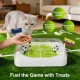 Orange-getigerte Katze schnüffelt an einem Leckerli-Spender im Fußballfeld-Design auf Kunstrasen, während eine Hand Trockenfutter fallen lässt; sichtbarer Text 'Fuel the Game with Treats'.