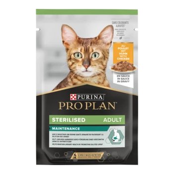 Opakowanie karmy dla kotów Purina Pro Plan Sterilised Adult pokazuje kota bengalskiego, podkreślając korzyści zdrowotne związane z utrzymaniem i zdrowiem układu moczowego.