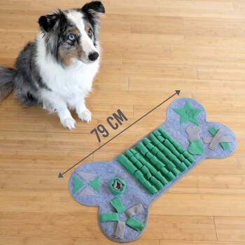 Ein flauschiger, blauer Merle-Hund schnüffelt an einer grauen und grünen interaktiven Schnüffelmatte, die für Haustiere entworfen wurde und verschiedene Formen wie Knochen und Sterne aufweist.