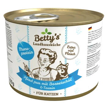 Betty's Landhausküche Katzenfutterdose mit goldenem Deckel, Motiv einer Frau mit Katze; Aufschrift 'Für Katzen' und 'Mono-protein'