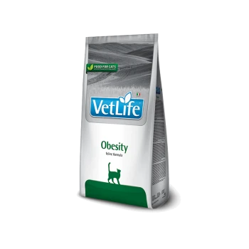 VetLife Adipositas Katzenfuttertüte, mit einem blauen Logo, grünen Akzenten und einer Silhouette einer Katze.