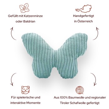 Schmetterlingsförmiges Katzenspielzeug aus weichem Stoff, gefüllt mit Katzenminze oder Baldrian, handgefertigt in Österreich, mit verspielten Designelementen.