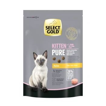 Opakowanie karmy dla kotów Select Gold Kitten Pure z syjamskim kociakiem, podkreślające "Huhn" (kurczak) i "26% frisches Fleisch."
