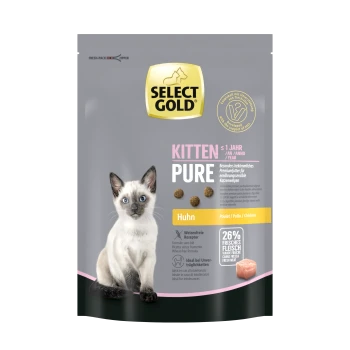 Select Gold Kitten Pure kattenvoer verpakking met een Siamees kitten, met de nadruk op "Huhn" (kip) en "26% frisches Fleisch."