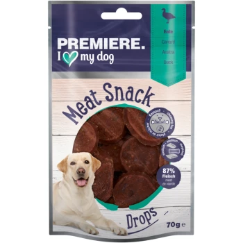 Premiere I Love My Dog Meat Snack Drops, 70g package featuring round, dark brown meat snacks with 87% meat content.