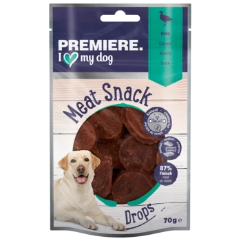 Premiere I Love My Dog Fleischsnack-Drops, 70g-Packung mit runden, dunkelbraunen Fleischsnacks mit 87% Fleischgehalt.