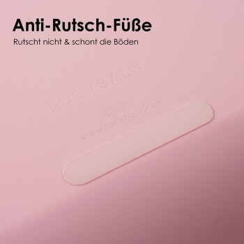 Rosa Haustierprodukt mit dem Text "Anti-Rutsch-Füße", das rutschfeste Füße anzeigt, die Böden schützen. Markenname "LUCYBALU" sichtbar.