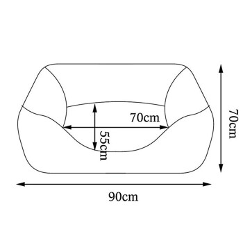 Illustration eines Haustierbettes mit abgemessenen Dimensionen: 90 cm Länge, 70 cm Breite und 55 cm Höhe.