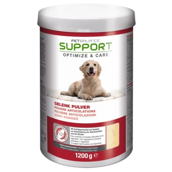 Behälter mit PetBalance Support Gelenkpulver für Hunde, mit einem Golden Retriever auf dem Etikett, 1200g, mit Text in mehreren Sprachen.