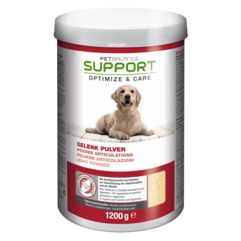 Behälter mit PetBalance Support Gelenkpulver für Hunde, mit einem Golden Retriever auf dem Etikett, 1200g, mit Text in mehreren Sprachen.