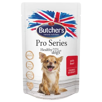 ProSeries Dog kawałki w sosie 24 x 100 g Wołowina Torebka karmy dla psów Butcher's Pro Series z wesołym małym psem, oznaczona "Zdrowe żywienie dla małych psów" z "Kawałkami w sosie" i "z Wołowiną."