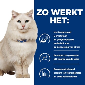 Eine flauschige weiße Katze mit blauen Augen sitzt vor einem blauen Hintergrund. Der Text hebt Vorteile hervor: L-Tryptophan, pH 6.2-6.4 und ausgewogenes Calcium.