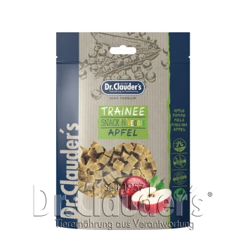 Verpackung von Dr. Clauder's Trainee Snack 'n' Veggie Apfel-Haustierleckerlis, mit gewürfelten Leckerlis, Apfelgrafiken und Text in mehreren Sprachen.