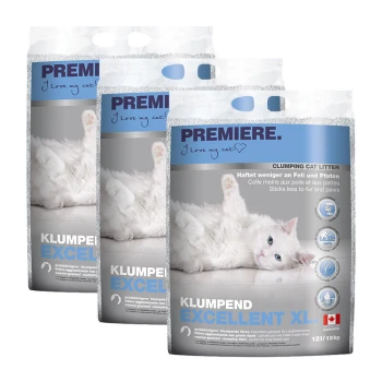 Excellent XL Clumping Litter 3x12 kg Three bags of PREMIERE Clumping Cat Litter, labeled "KLU MPEND EXCELLENT XL," featuring a playful white cat on the front.