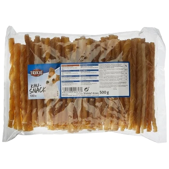 Klare Verpackung von Trixie Kau-Snack Hundeleckerlis mit 100 Sticks (je 12 cm), 500 g Gesamtgewicht und einem Hundebild auf dem Etikett.
