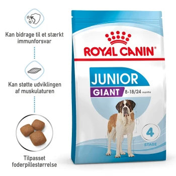 Royal Canin Junior Giant Hundefutterbeutel, mit einem Bernhardiner, mit Text, der Vorteile für die Immununterstützung und Muskelentwicklung hervorhebt.