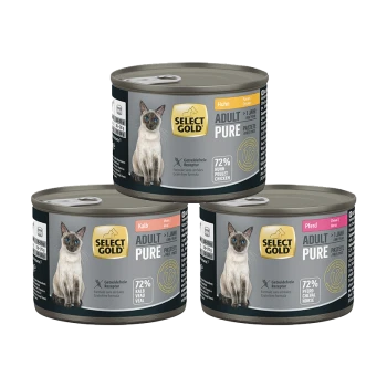 Drei SELECT GOLD Adult Pure Katzenfutterdosen (Huhn, Kalb, Pferd) mit Katzenfoto, '72%'-Angabe und Getreidefrei-Kennzeichnung.